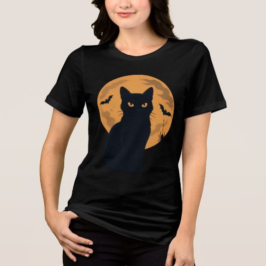 Spooky Black Cat Silhouette Halloween Gothic Cat Tri-Blend Shirt (Voorkant)