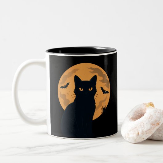 Spooky Black Cat Silhouette Halloween Gothic Cat Tweekleurige Koffiemok (Met donut)