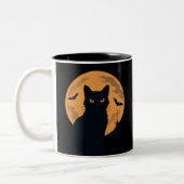 Spooky Black Cat Silhouette Halloween Gothic Cat Tweekleurige Koffiemok (Links)