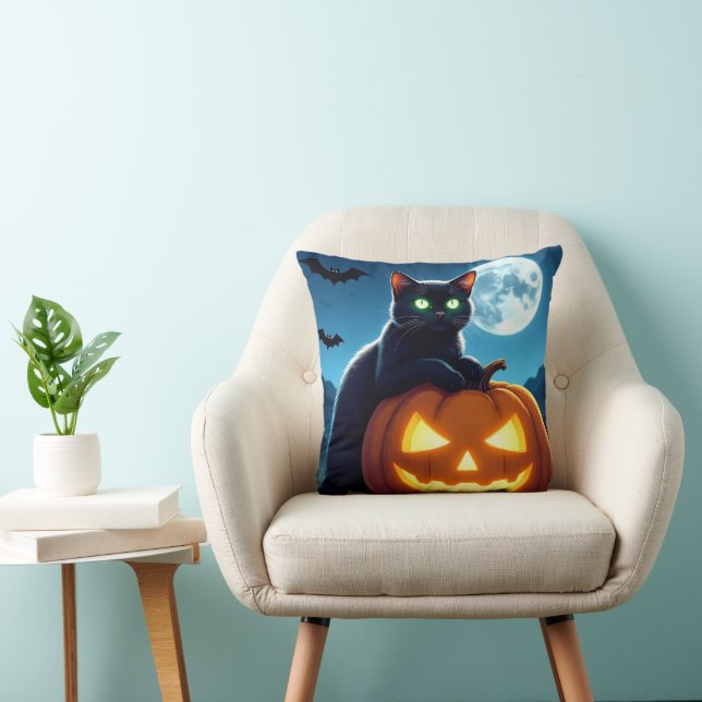 Spooky Black Cat Throw Pillow Kussen (Stoel)