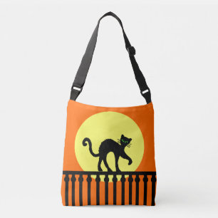Spooky Black Cat Walking op hek Moon Sinaasappel Crossbody Tas
