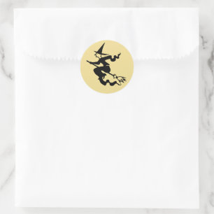 Spooky Black Flying Witch Faux Gold Halloween Kind Ronde Sticker