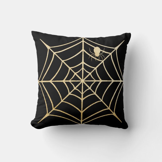 Spooky Black & Gold Spiderweb Spider Halloween Kussen (Voorkant)