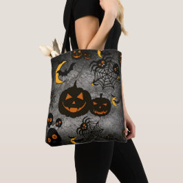 SPOOKY BLACK HALLOWEEN PUMPKINS MOONS BATS TOTE BAG