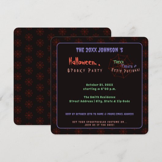 Spooky Black Halloween Spider Web Party Uitnodigin Kaart (Voorkant / Achterkant)