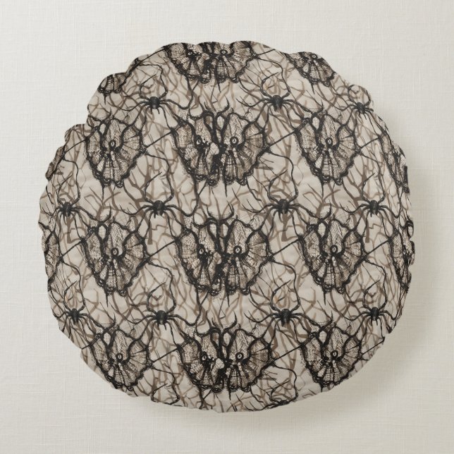 Spooky Black Lace Spider Web Naadloos Patroon - Rond Kussen (Voorkant)