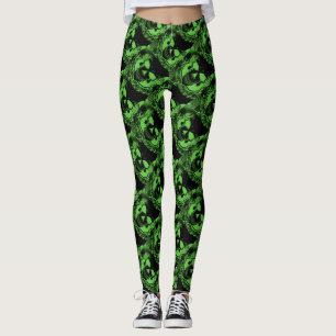 Spooky Black Neon Green Skulls Halloween Leggings