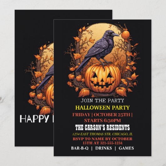 Spooky Black Raven Halloween Party Uitnodigingen (Voorkant / Achterkant)