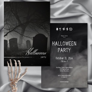 Spooky Black & White Cemetery Halloween Party Kaart