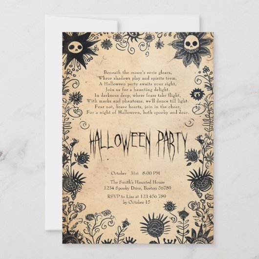 Spooky bloemen en gedicht Halloween Party Kaart (Voorkant)