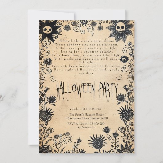 Spooky bloemen en gedicht Halloween Party Kaart (Voorkant)