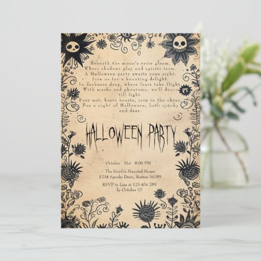 Spooky bloemen en gedicht Halloween Party Kaart (Staand voorkant)