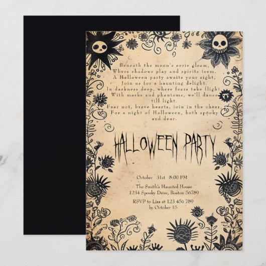 Spooky bloemen en gedicht Halloween Party Kaart (Voorkant / Achterkant)