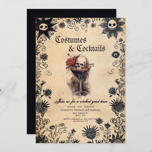Spooky bloemen en Scull kostuum Halloween Party Kaart (Voorkant / Achterkant)