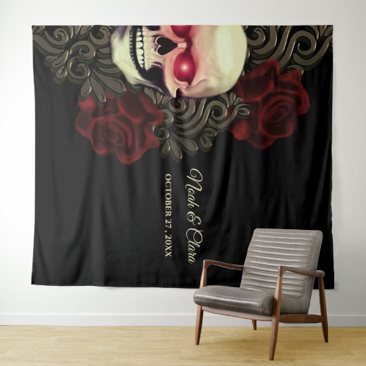 Spooky bloemendonkere humeurige gotische schedel H Wandkleed (In Situ (horizontaal))