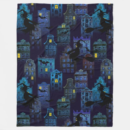 SPOOKY BLUE HALLOWEEN CITYSCAPE FLEECE DEKEN (Voorkant)
