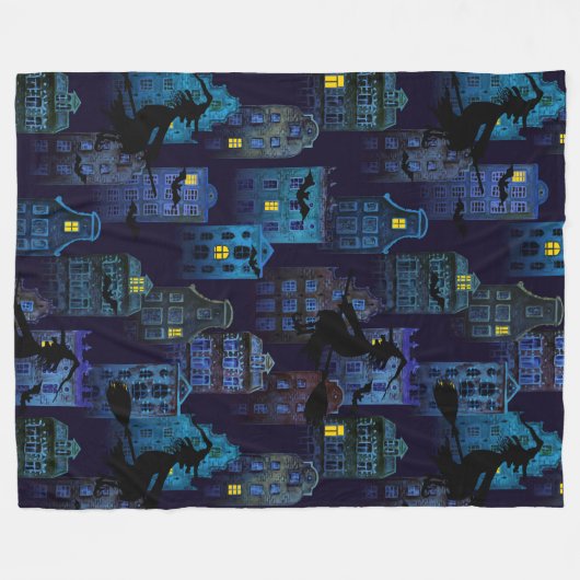 SPOOKY BLUE HALLOWEEN CITYSCAPE FLEECE DEKEN (Voorkant (Horizontaal))