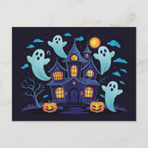 Spooky Blue Haunted House met drijvende geesten Briefkaart