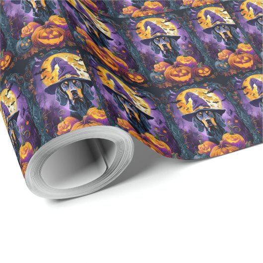Spooky Bluetick Coonhound Halloween Witch Pumpkin Cadeaupapier (Rol Hoek)
