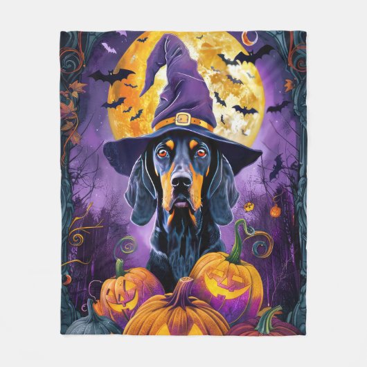 Spooky Bluetick Coonhound Halloween Witch Pumpkin Fleece Deken (Voorkant)