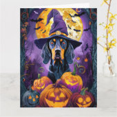 Spooky Bluetick Coonhound Halloween Witch Pumpkin Kaart (Gele Bloem)