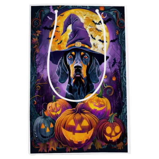Spooky Bluetick Coonhound Halloween Witch Pumpkin Medium Cadeauzakje (Voorkant)