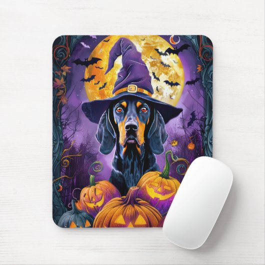 Spooky Bluetick Coonhound Halloween Witch Pumpkin Muismat (Met muis)