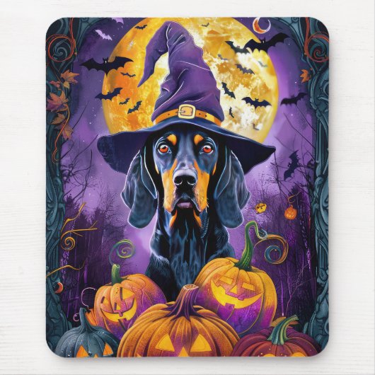 Spooky Bluetick Coonhound Halloween Witch Pumpkin Muismat (Voorkant)