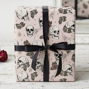 Spooky Blush Roze Bloemen Kleine Schedel Halloween Cadeaupapier