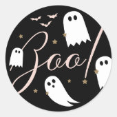 Spooky Boo! Halloween Ghost & Bats Zwart Ronde Sticker (Voorkant)