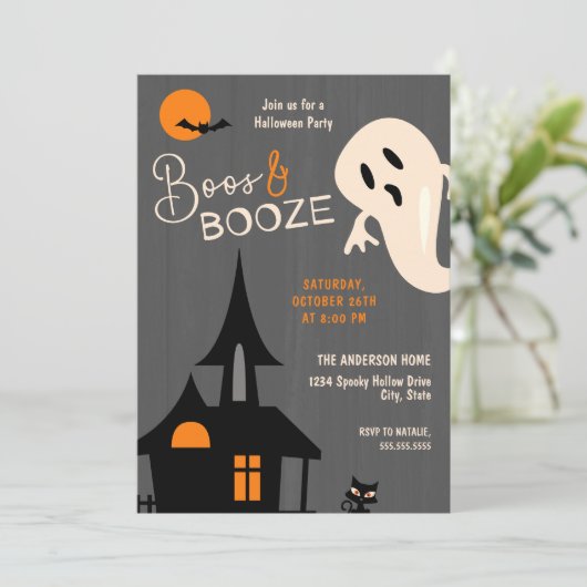 Spooky Boos & Booze Halloween Party uitnodiging (Staand voorkant)