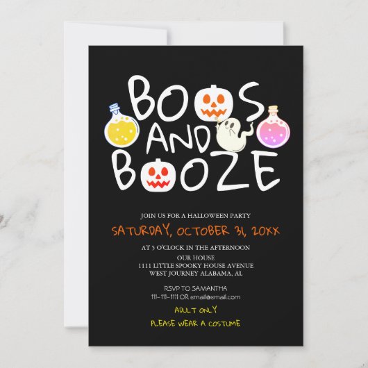 Spooky Boos en Booze Black Adult Halloween Party Kaart (Voorkant)