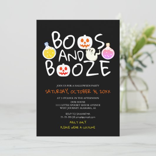 Spooky Boos en Booze Black Adult Halloween Party Kaart (Staand voorkant)
