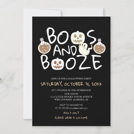 Spooky Boos en Booze Black Adult Halloween Party Kaart (Voorkant)