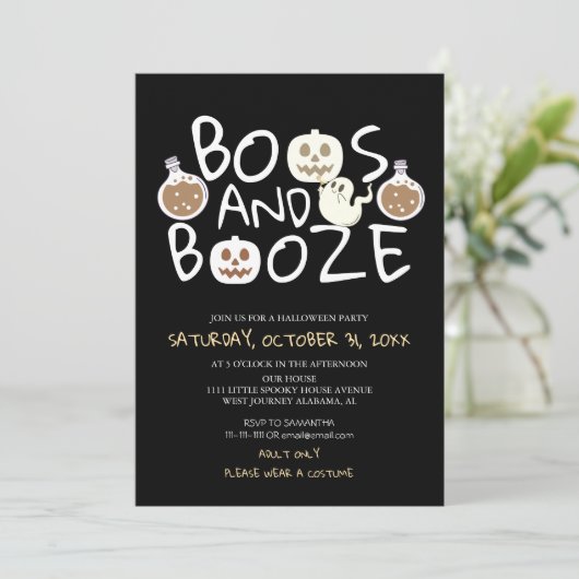 Spooky Boos en Booze Black Adult Halloween Party Kaart (Staand voorkant)