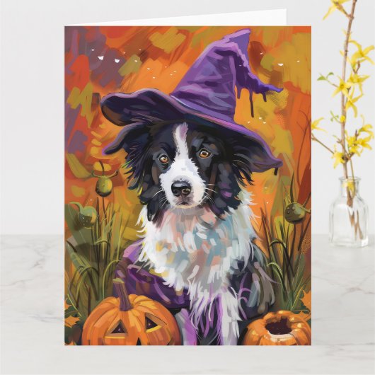 Spooky Border Collie Halloween heks en pompoen Kaart (Gele Bloem)