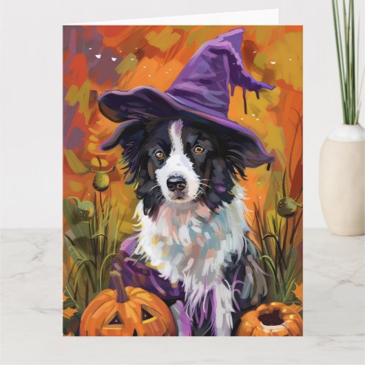 Spooky Border Collie Halloween heks en pompoen Kaart (Voorkant)
