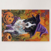 Spooky Border Collie Halloween heks en pompoen Legpuzzel (Horizontaal)