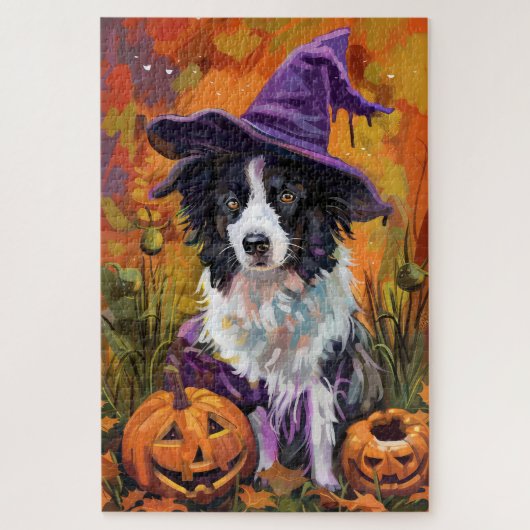 Spooky Border Collie Halloween heks en pompoen Legpuzzel (Verticaal)