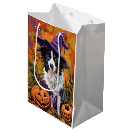 Spooky Border Collie Halloween heks en pompoen Medium Cadeauzakje (Voorkant Gekanteld)