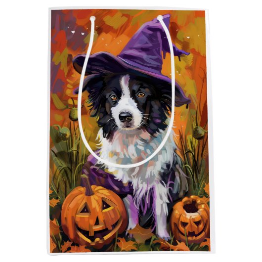 Spooky Border Collie Halloween heks en pompoen Medium Cadeauzakje (Voorkant)