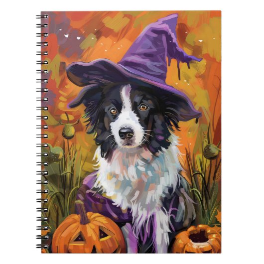 Spooky Border Collie Halloween heks en pompoen Notitieboek (Voorkant)