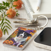 Spooky Border Collie Halloween heks en pompoen Sleutelhanger (Voorkant Rechts)