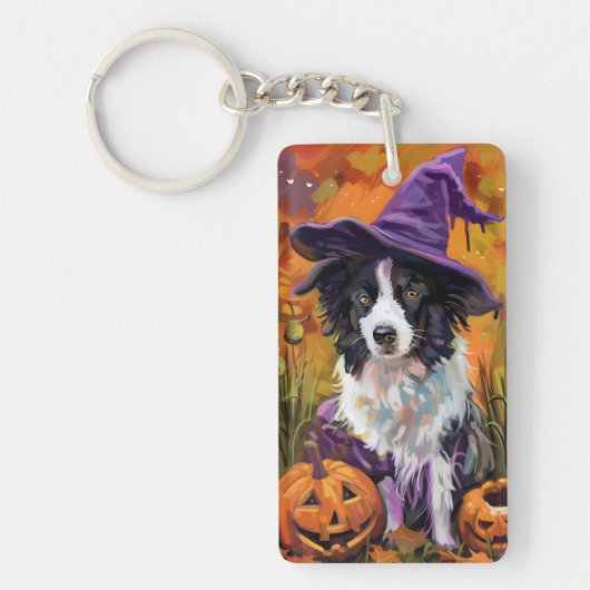Spooky Border Collie Halloween heks en pompoen Sleutelhanger (Voorkant)