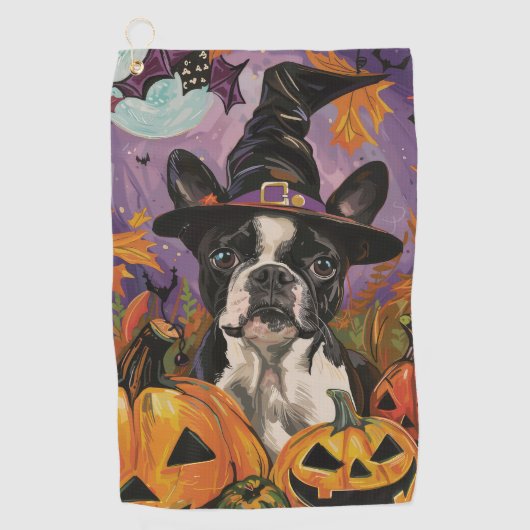 Spooky Boston Terrier Halloween heks en pompoen Golfhanddoek (Voorkant)