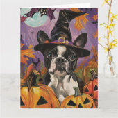 Spooky Boston Terrier Halloween heks en pompoen Kaart (Gele Bloem)