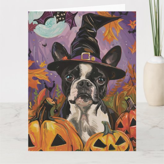 Spooky Boston Terrier Halloween heks en pompoen Kaart (Voorkant)