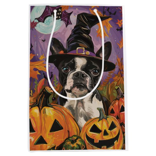 Spooky Boston Terrier Halloween heks en pompoen Medium Cadeauzakje (Voorkant)