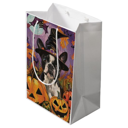 Spooky Boston Terrier Halloween heks en pompoen Medium Cadeauzakje (Achterkant Gekanteld)