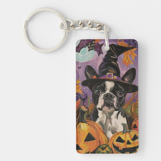 Spooky Boston Terrier Halloween heks en pompoen Sleutelhanger (Voorkant)